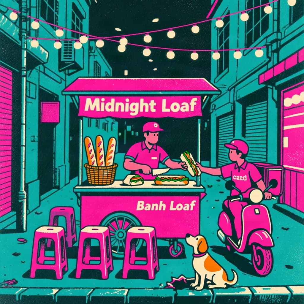 Two-color risograph print key art in fluorescent pink and teal with visible misregistration and paper grain, for a street food courier game. A night market alley: the banh mi cart at center with three baguettes standing upright in a basket and two more being sliced by the vendor, who hands one wrapped sandwich down to a courier straddling a scooter. Four plastic stools in front of the cart, three occupied and the one nearest the gutter tipped over. Two strings of bulbs cross overhead. A dog waits under the cart axle. The stall banner reads "Midnight Loaf".