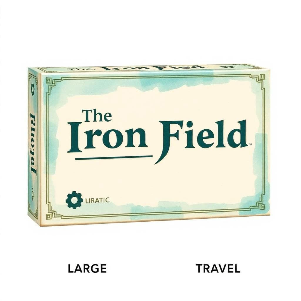 Watercolor: one board-game box in two editions. The editions are captioned "Large" and "Travel" in that order. The wordmark "The Iron Field" appears on every edition with a six-tooth gear mark beside it. The teal-and-cream coloring is the same across every edition, and only the box size changes.