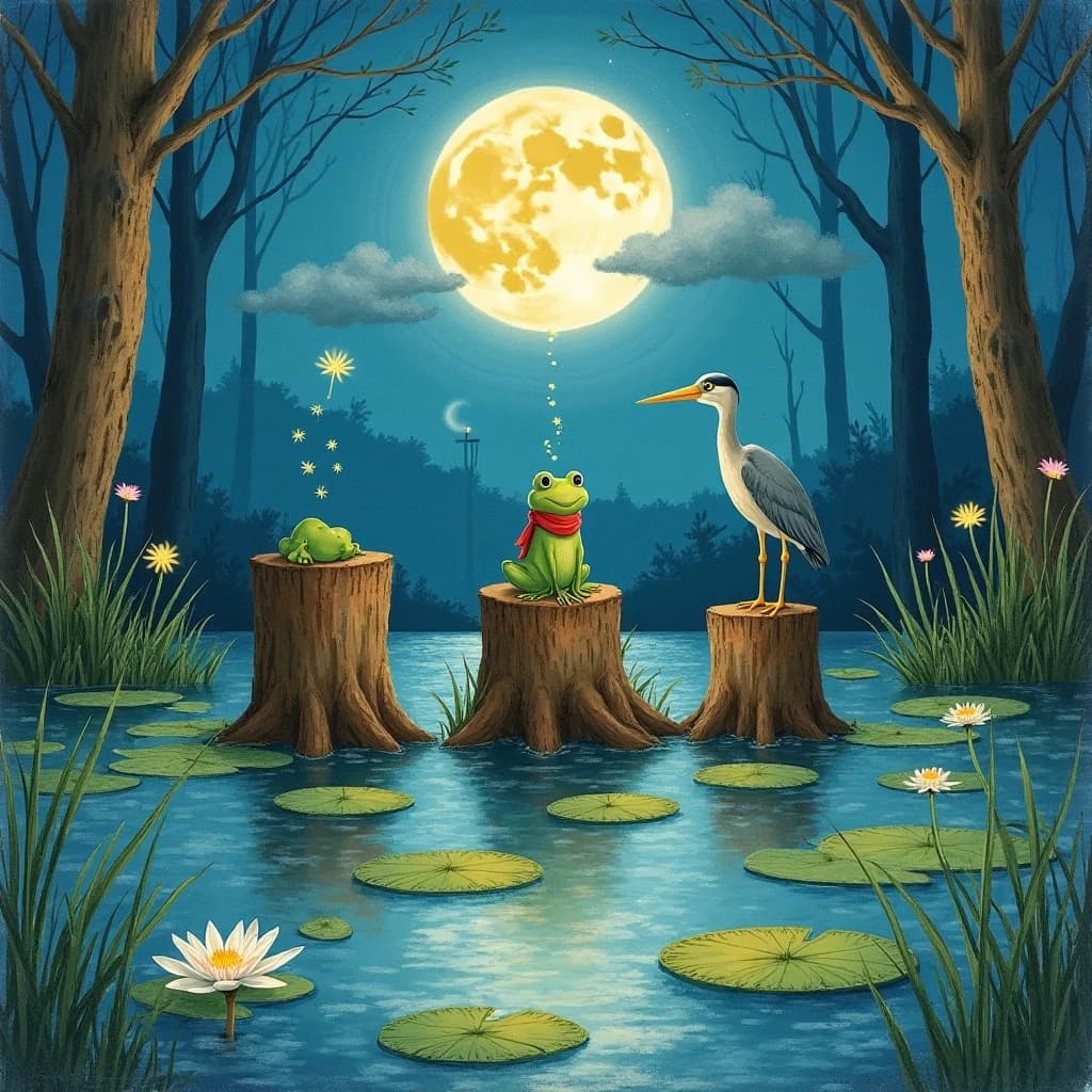 Story card in soft children's book illustration with crayon texture. A moonlit swamp with three cypress stumps in a row across the water. A small green frog in a red scarf sits on the middle stump. Two fireflies circle above his head while four more sit sleeping on the reeds to the left. A heron stands knee deep at the right edge, looking away from the frog. Nine lily pads float across the foreground, only one of them carrying a flower.