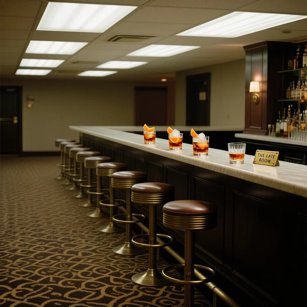 Liminal space photograph of a hotel bar at four in the morning, humming fluorescent ceiling panels, patterned carpet running off frame, nobody in sight. Eleven identical barstools stand in one unbroken row along the counter, only the fifth pulled out and turned. Three finished old fashioneds sit spaced along the bar, each down to melted ice and a single orange peel, and a fourth glass, freshly poured and still clear, waits at the far end beside a small brass sign reading "THE LATE ROOM".