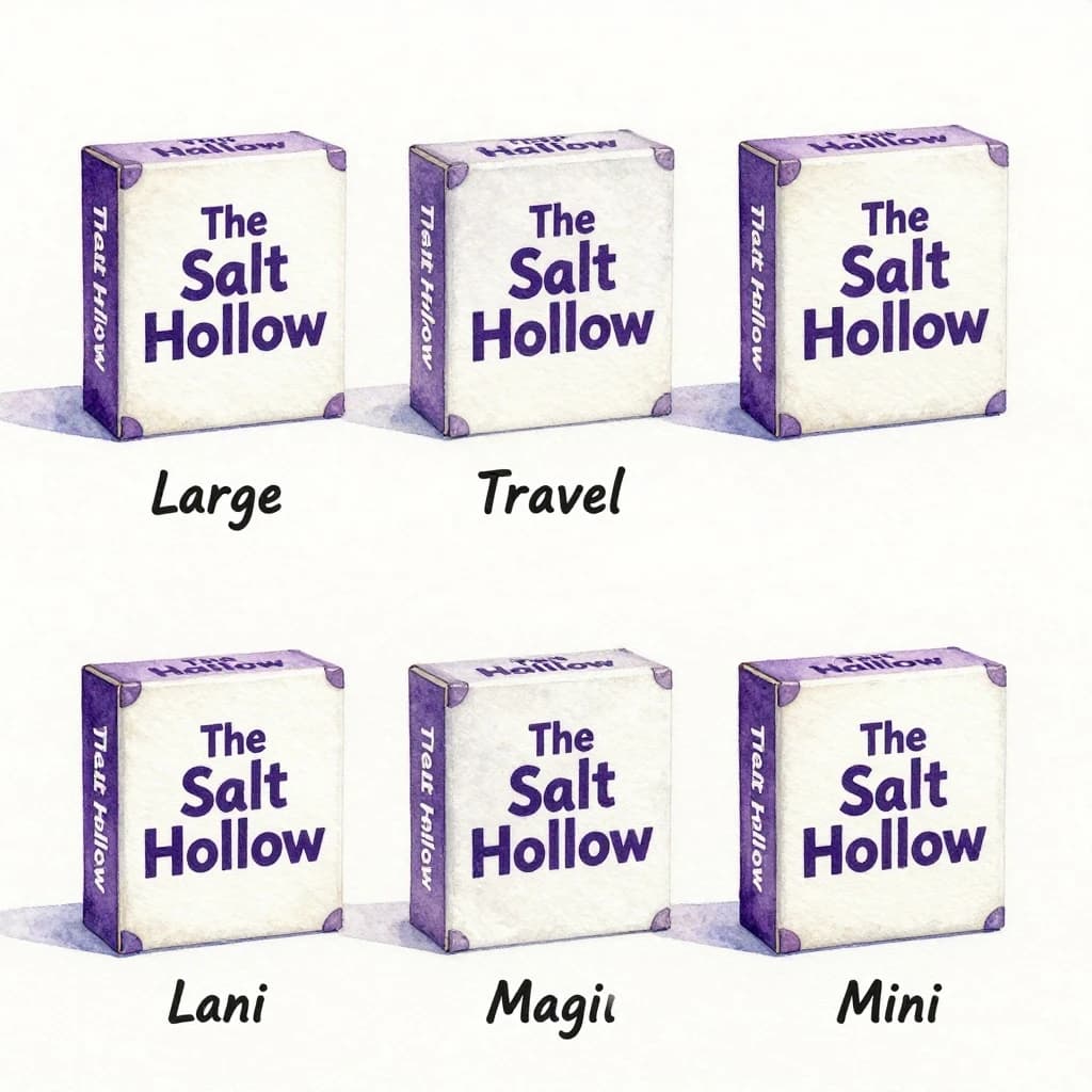 Watercolor of the same board-game box drawn in three editions, captioned "Large", "Travel" and "Mini", every edition carrying the wordmark "The Salt Hollow" in the same purple-and-white coloring, only the box size changing.