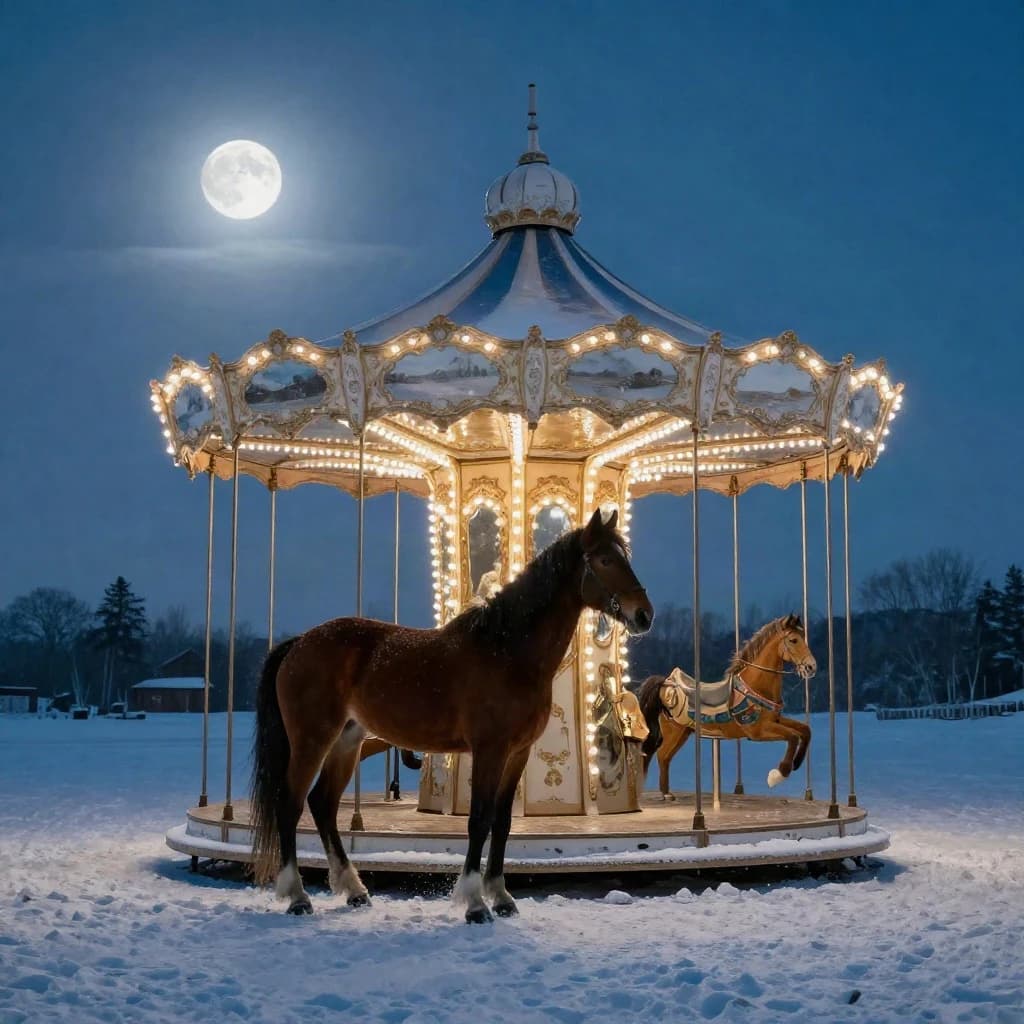 single carousel horse in deep snow, moonlight