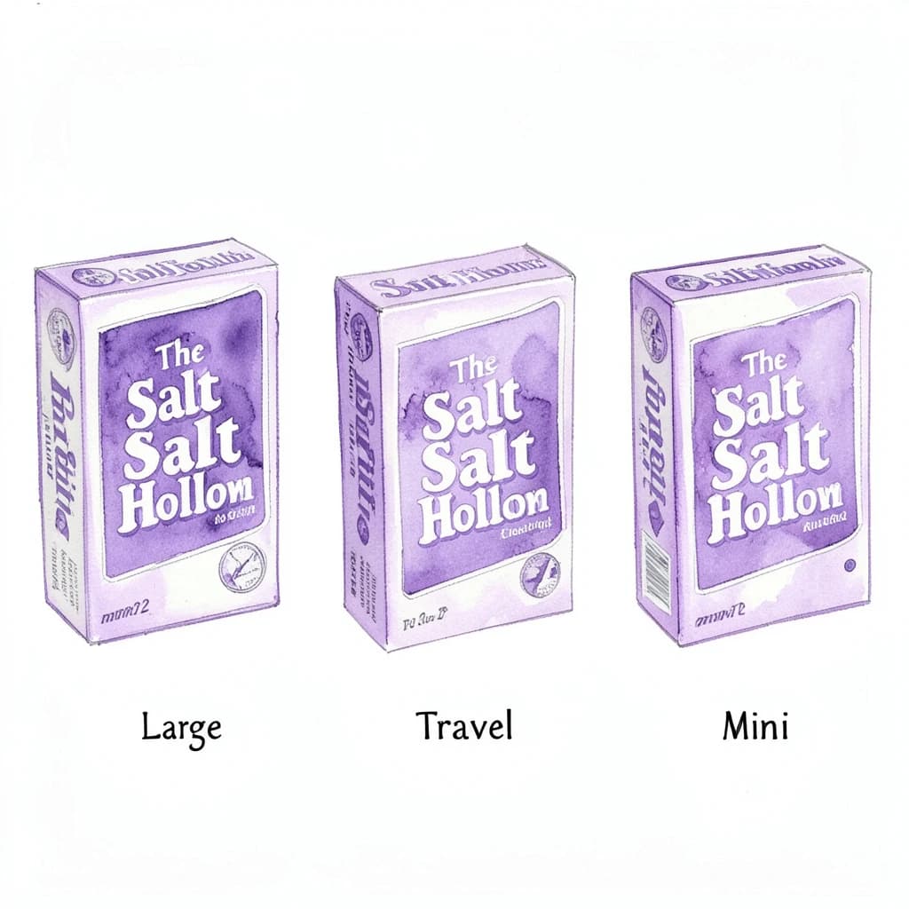 Watercolor of the same board-game box drawn in three editions, captioned "Large", "Travel" and "Mini", every edition carrying the wordmark "The Salt Hollow" in the same purple-and-white coloring, only the box size changing.