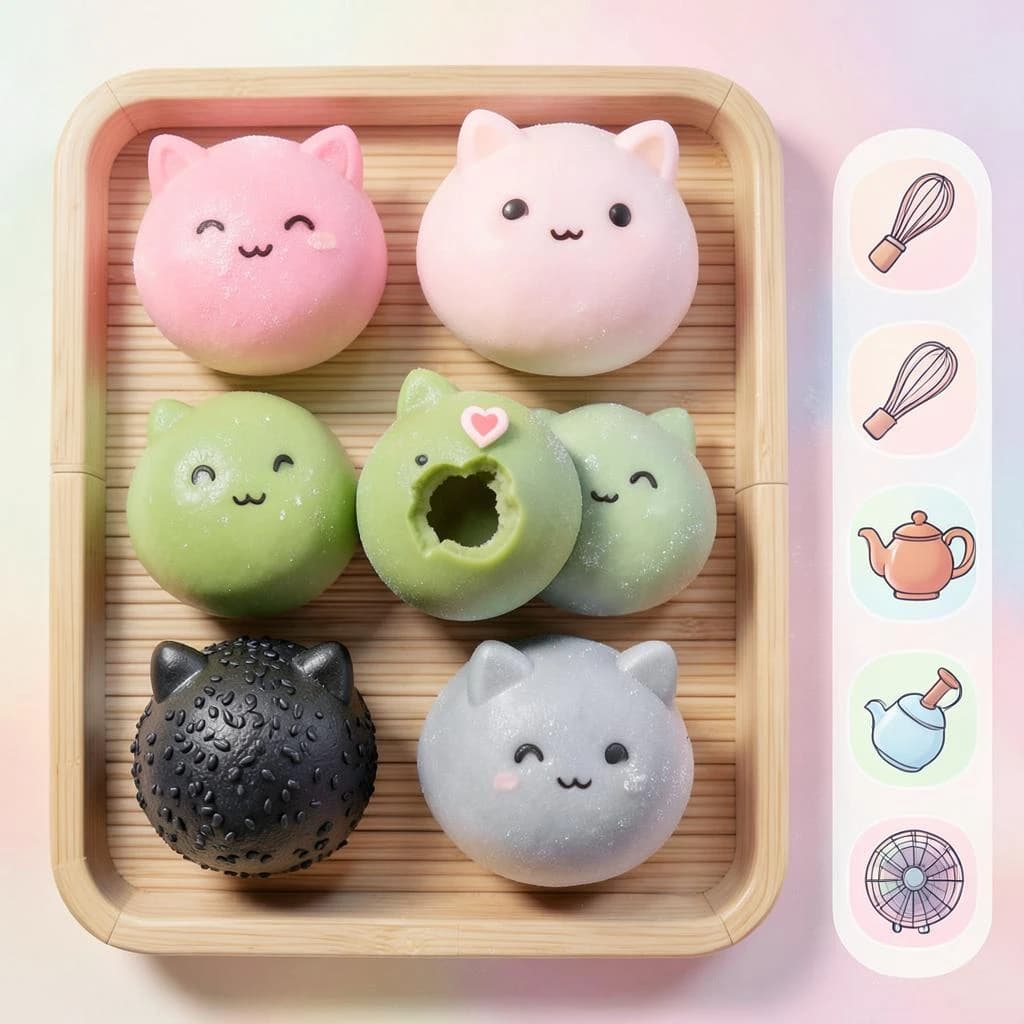 Match three board for a cozy sweets game, cute stylized 3D animation look. Nine mochi in a three by three grid on a bamboo tray: the top row strawberry pink, the middle row matcha green, the bottom row black sesame grey. The center green one has a bite taken out and a small heart icon floating above it. Two of the pink mochi wear tiny cat ears. To the right of the tray, a vertical strip of three power up icons, a whisk, a teapot and a fan. Soft pastel lighting, glossy dusted surfaces.