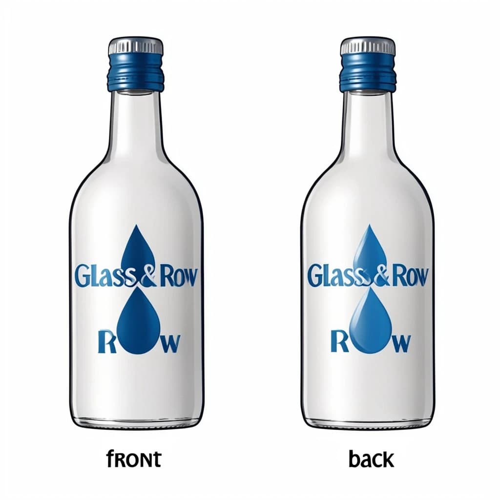 Printed poster of the same hot-sauce bottle drawn in two views, captioned "front" and "back", every view carrying the wordmark "Glass & Row" with a single droplet symbol beside it in the same blue-and-silver coloring, only the angle changing.