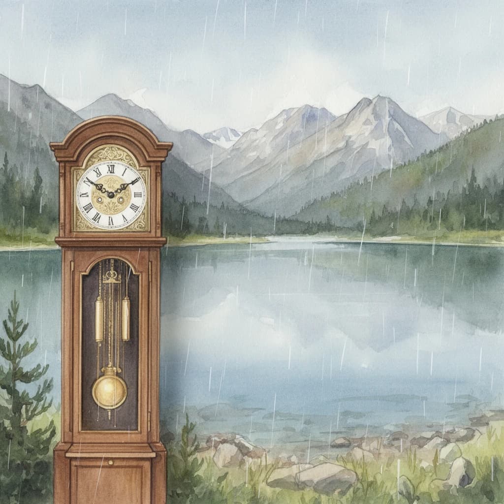 grandfather clock, mountain lake, light rain, overhead flat lay, watercolor, soft edges