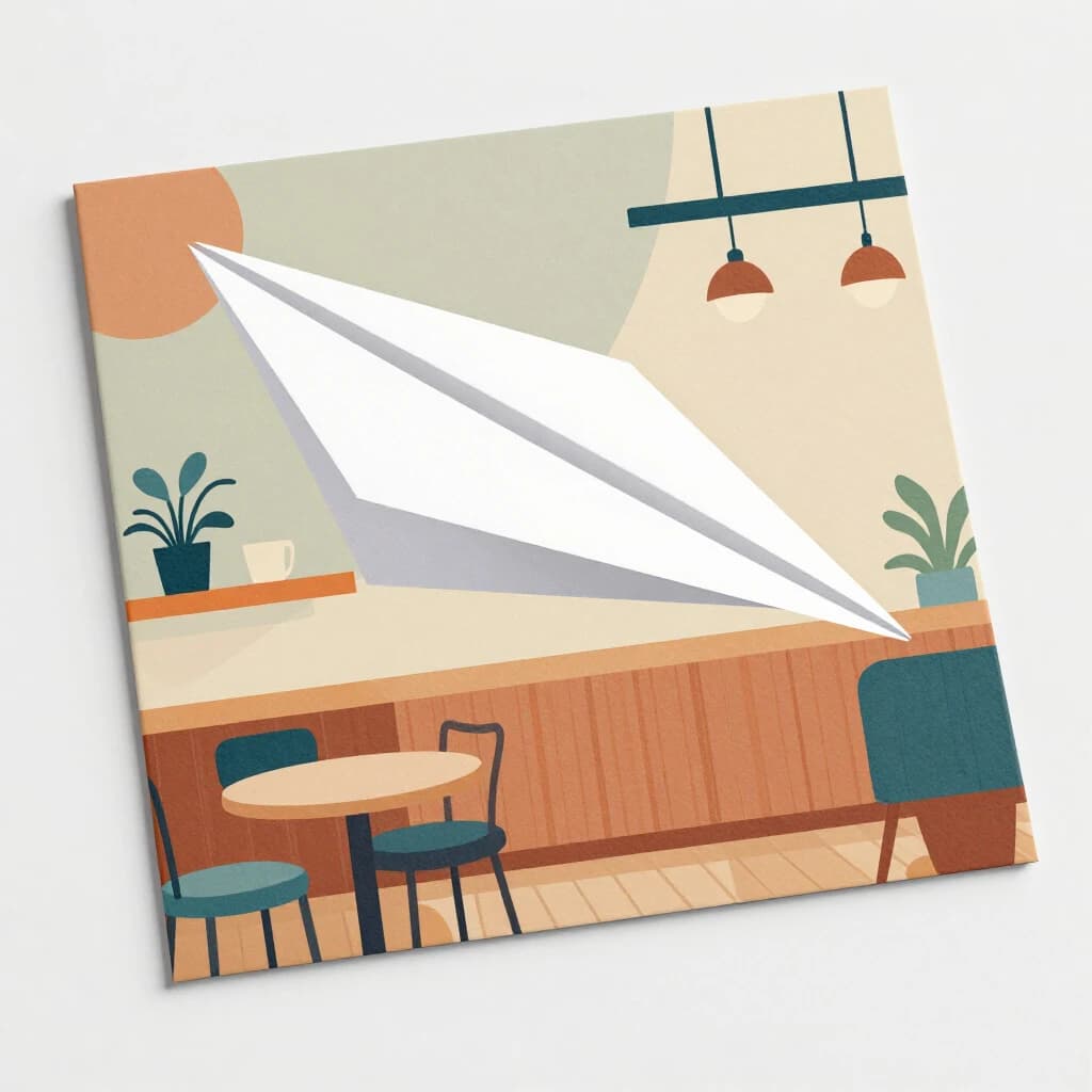 Silkscreen print of a paper airplane inside a cozy cafe, layered wash, smooth vector finish, split-complementary palette.