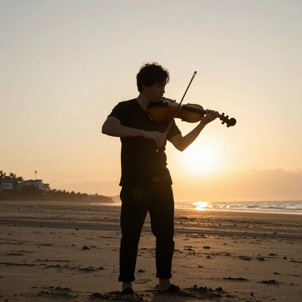 still violinist on open sand, sunset
