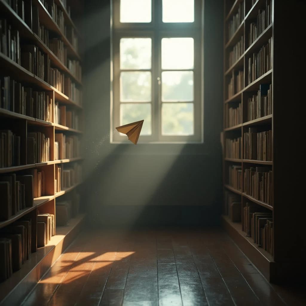 The quiet second when a paper airplane picks up a soft edge highlight, in a quiet library, after a light rain shower.