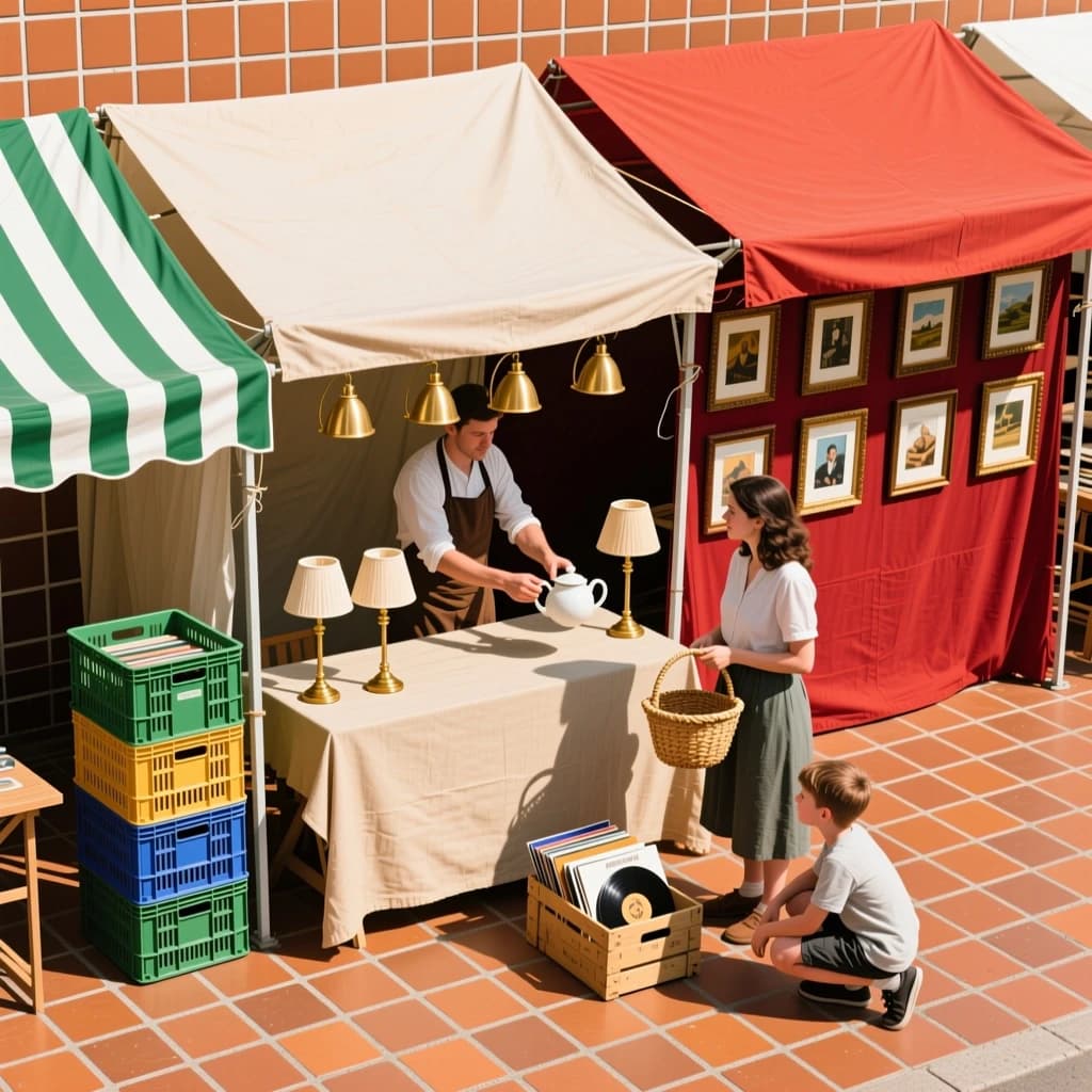 Glass tile mosaic of a Sunday flea market seen from a slightly raised angle, small square tesserae and warm terracotta grout. Three stall awnings in a row: the left one striped green and white over stacked vinyl crates, the middle plain canvas over six brass lamps with only the two tallest wearing shades, the right red awning hung with nine framed pictures in three rows of three. Under the middle awning a vendor in an apron hands a teapot across the table to a woman holding a straw basket, while a boy crouches at her feet by a crate of records. No lettering anywhere.