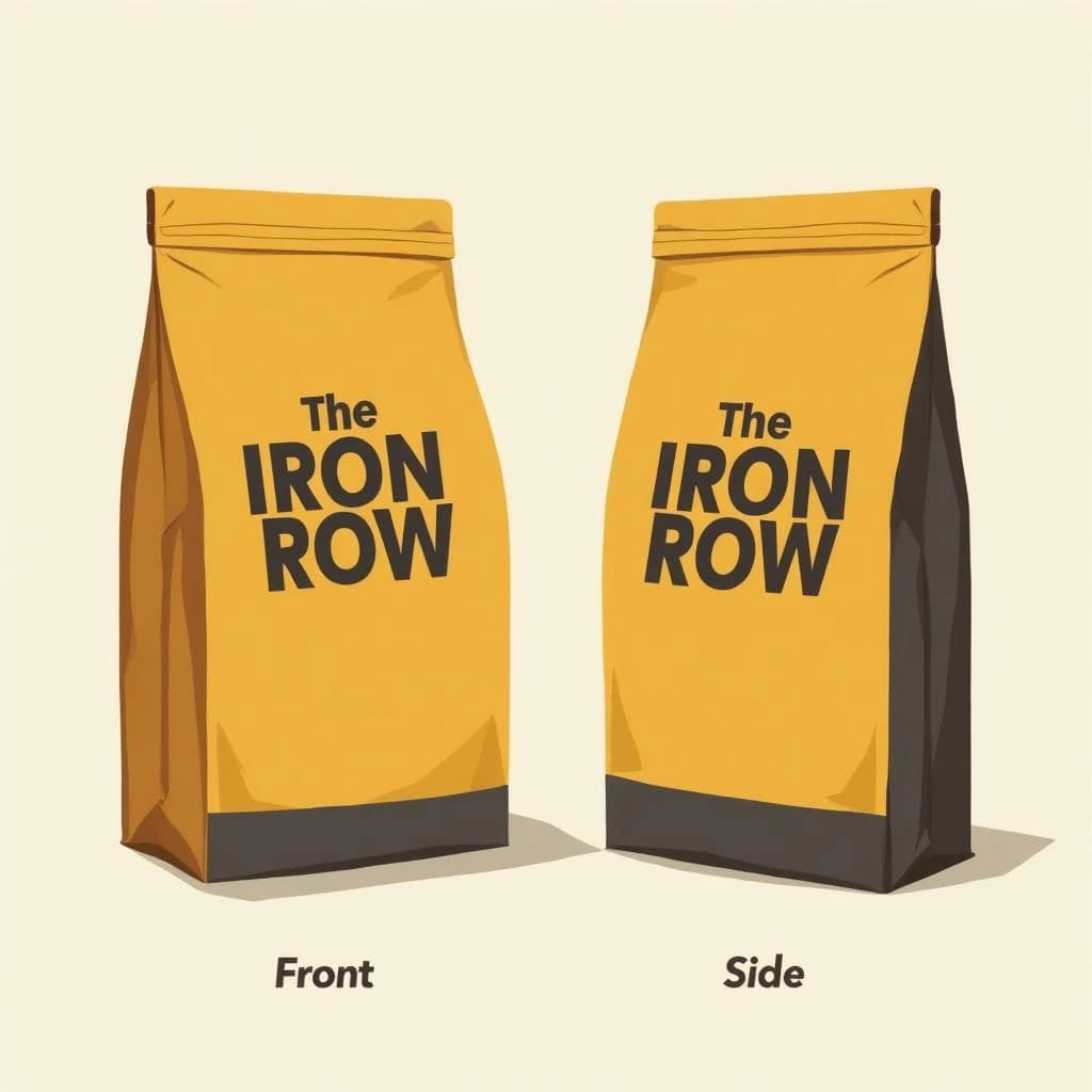 Flat vector illustration of the same coffee bag drawn in two views, captioned "front" and "side", every view carrying the wordmark "The Iron Row" in the same mustard-and-charcoal coloring, only the angle changing.