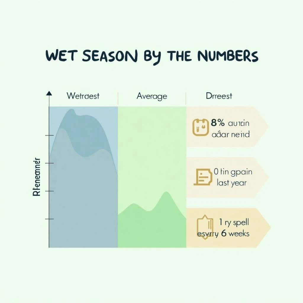 Flat vector illustration titled "Wet Season by the Numbers". A twelve-month rainfall timeline sits at the center, carrying three keyed regions, "Wettest" shaded dark blue, "Average" shaded pale green and "Driest" shaded sand. Three stat chips run down a right column, reading "16% above the ten-year mean", "85 rain days last year" and "1 dry spell every 6 weeks". Each key color matches the shading of the region it names.