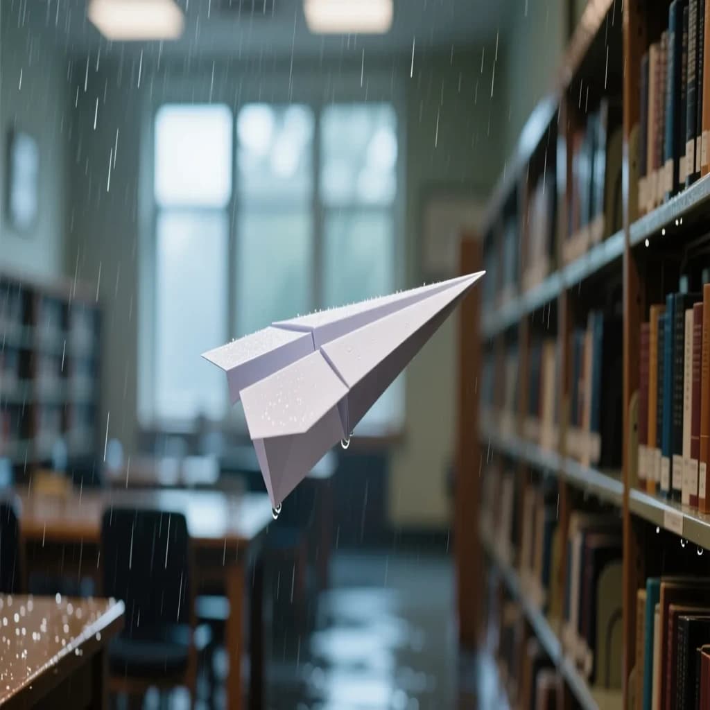 The quiet second when a paper airplane picks up a soft edge highlight, in a quiet library, after a light rain shower.