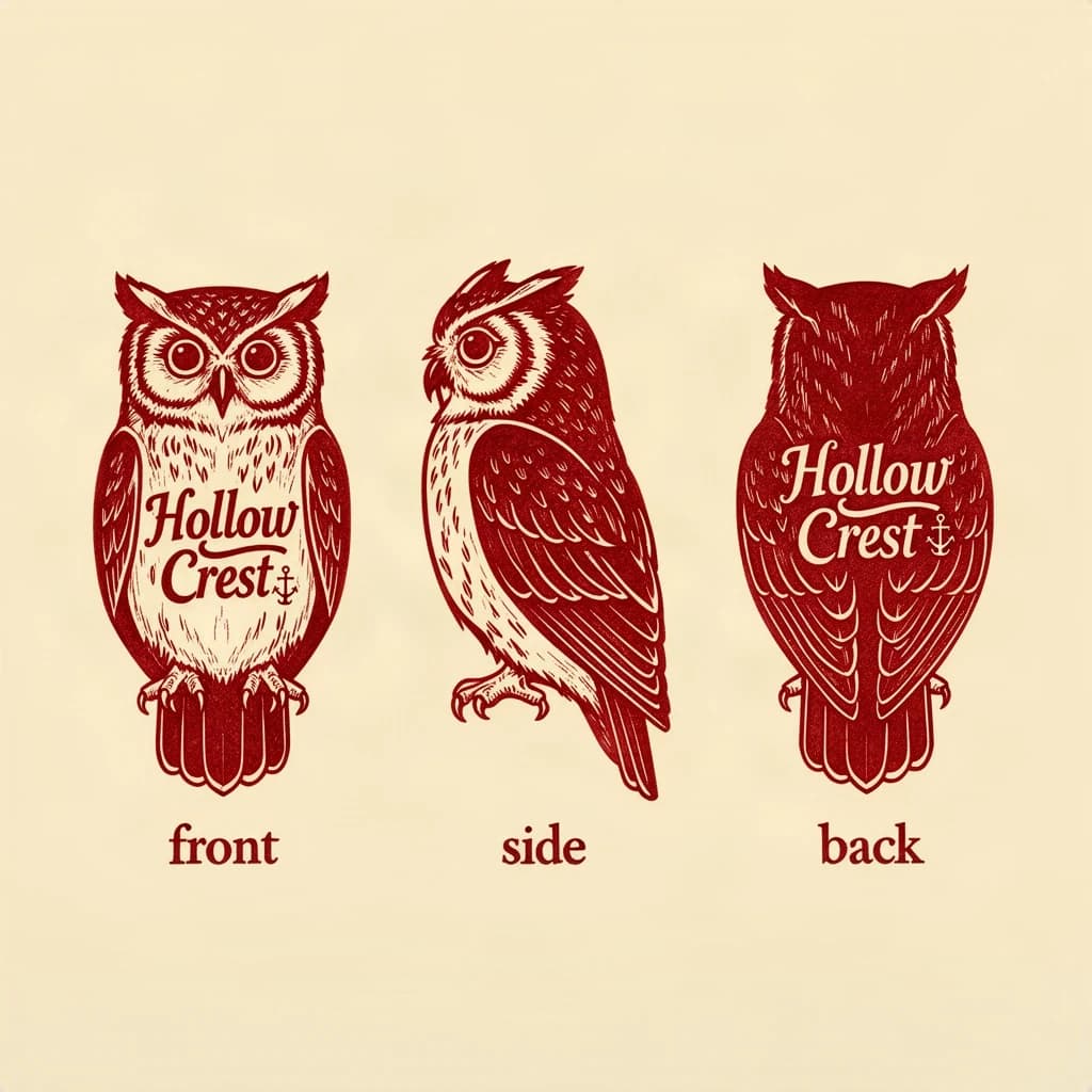 Linocut print: one bookstore owl mascot in three views. The views are captioned "front", "side" and "back" in that order. The wordmark "Hollow Crest" appears on every view with a small anchor mark beside it. The red-and-cream coloring is the same across every view, and only the angle changes.