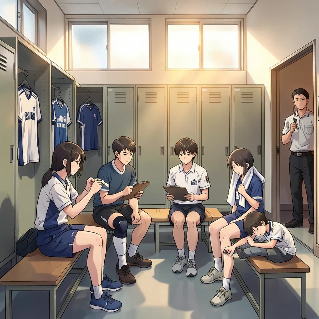 Modern anime interior for a high school volleyball series, wide view down a team locker room after practice. Eight lockers along the back wall in two banks of four, the three on the far left hanging open with jerseys spilling out and the rest shut. Four players occupy the foreground bench: the setter re-taping two fingers, the libero pulling on a knee sleeve, the captain reading a clipboard, and a first year asleep sitting upright with a towel over his face. A coach stands in the right doorway holding a whistle, half in shadow. Warm late-sun bars fall through high frosted windows, cel shading, clean bold linework.