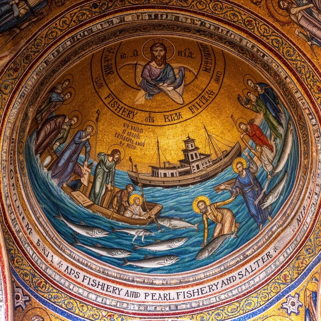 Pearl Fishery and Salter in Abuja, Nigeria in the style of byzantine