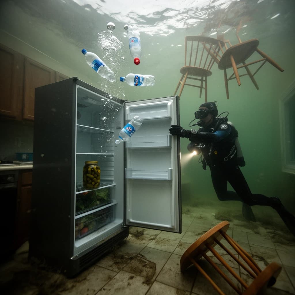 Underwater photograph inside a flooded apartment kitchen, silt green water, one window's worth of light from above. The refrigerator stands with its door swung open; three plastic bottles drift upward out of it, one still capped and two open and trailing bubbles, while a jar of pickles stays wedged on the middle shelf. A diver in a black wetsuit hovers to the right of the door, one hand on the top hinge, the other aiming a torch into the empty vegetable drawer. Two wooden chairs float against the ceiling above her, a third lies on its side on the tiles. Suspended particles, cold contrast, slow shutter softness.