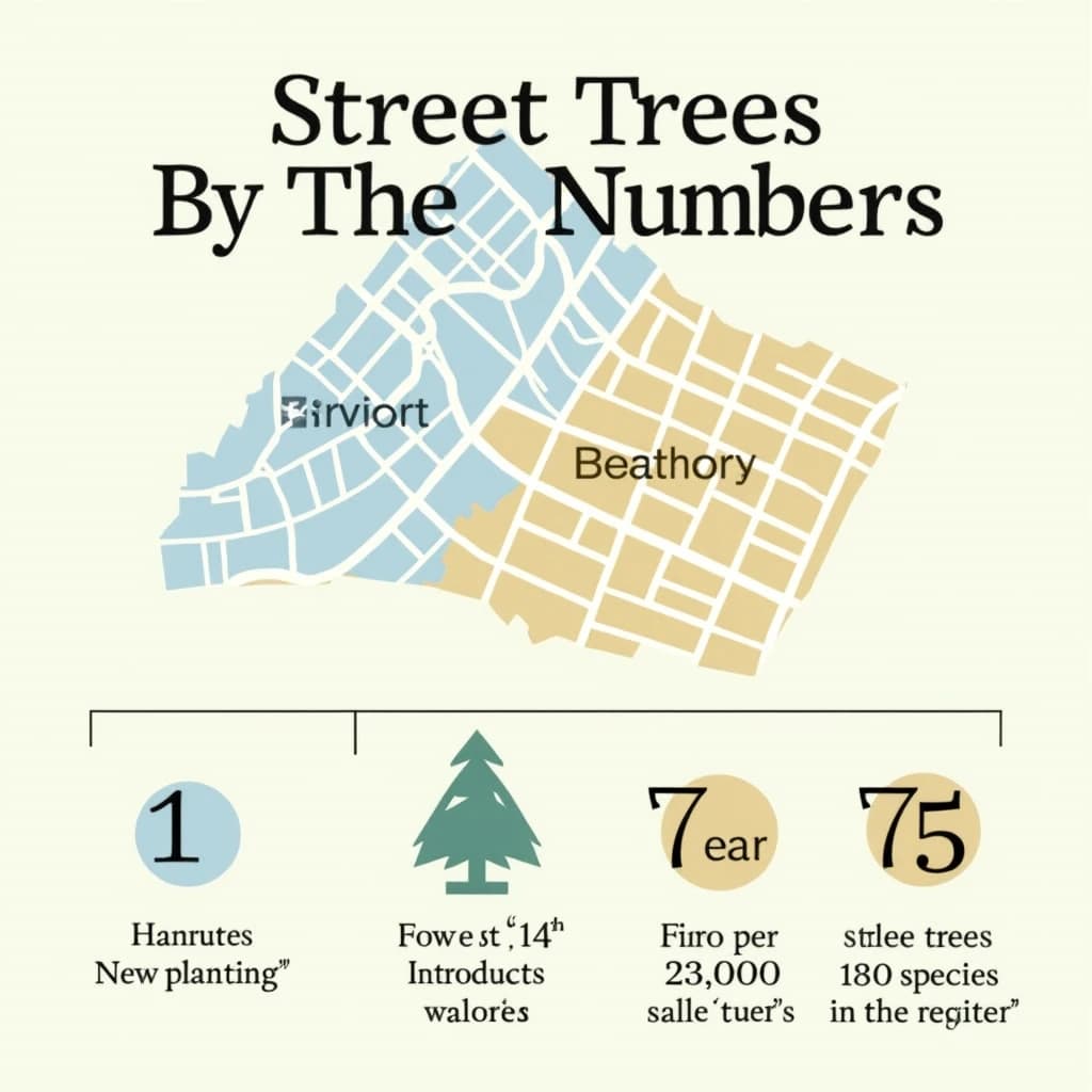 Printed poster titled "Street Trees by the Numbers": at the center a simplified street map with shaded districts, carrying two keyed regions, "New planting" shaded light blue and "Fewest trees" shaded tan, beside a bottom row of three stat chips reading "1 tree per 14 residents", "23,000 street trees counted" and "130 species in the register".