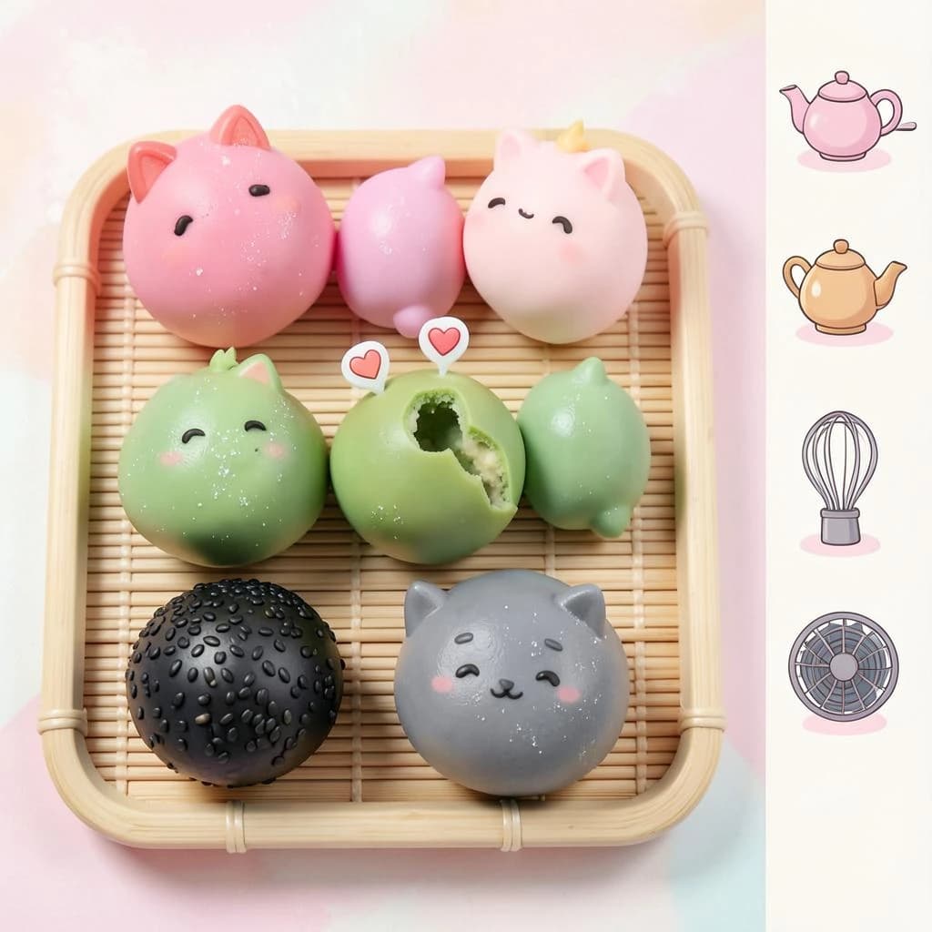 Match three board for a cozy sweets game, cute stylized 3D animation look. Nine mochi in a three by three grid on a bamboo tray: the top row strawberry pink, the middle row matcha green, the bottom row black sesame grey. The center green one has a bite taken out and a small heart icon floating above it. Two of the pink mochi wear tiny cat ears. To the right of the tray, a vertical strip of three power up icons, a whisk, a teapot and a fan. Soft pastel lighting, glossy dusted surfaces.