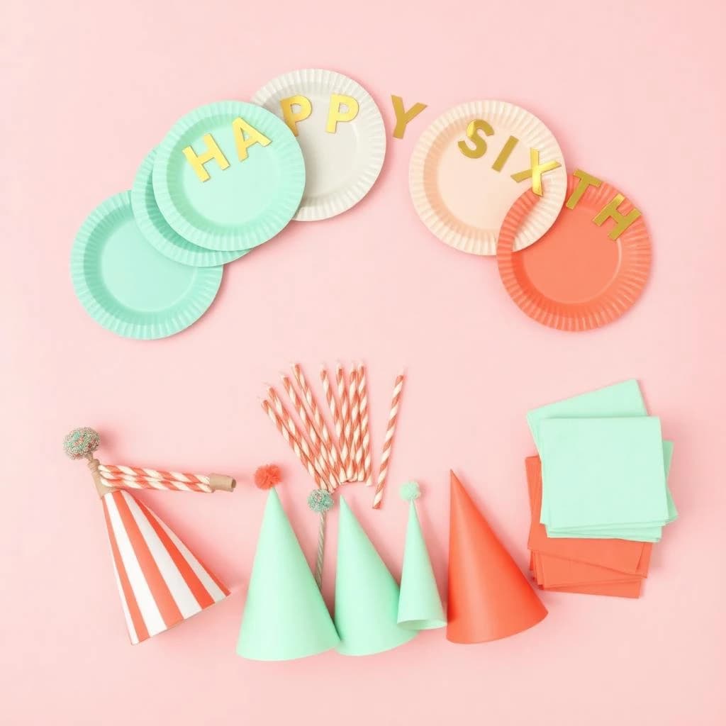 Flat lay photograph on pale pink paper, lit softly from above.
Eight paper plates fanned in an arc across the top of the frame, alternating mint and coral, four of each, mint first from the left.
Below the arc, twelve striped candles bundled under a paper band, laid diagonally.
Three cone party hats stacked at the lower left, only the middle hat trimmed with a pom pom.
At the lower right, six folded napkins in two piles of three, one pile mint and one coral.
A paper banner strung across the very top spells "HAPPY SIXTH" in gold letters, a few letters overlapping the plate arc.