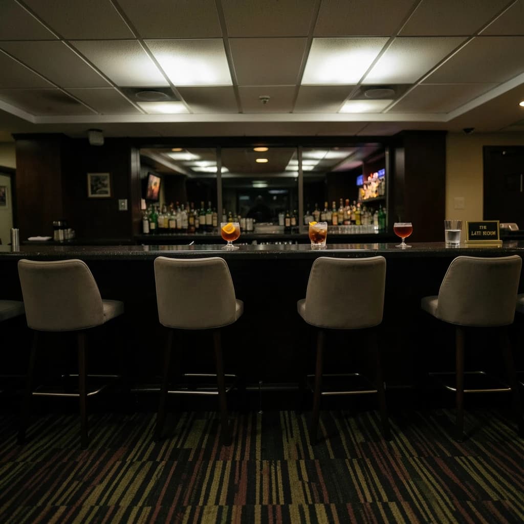 Liminal space photograph of a hotel bar at four in the morning, humming fluorescent ceiling panels, patterned carpet running off frame, nobody in sight. Eleven identical barstools stand in one unbroken row along the counter, only the fifth pulled out and turned. Three finished old fashioneds sit spaced along the bar, each down to melted ice and a single orange peel, and a fourth glass, freshly poured and still clear, waits at the far end beside a small brass sign reading "THE LATE ROOM".