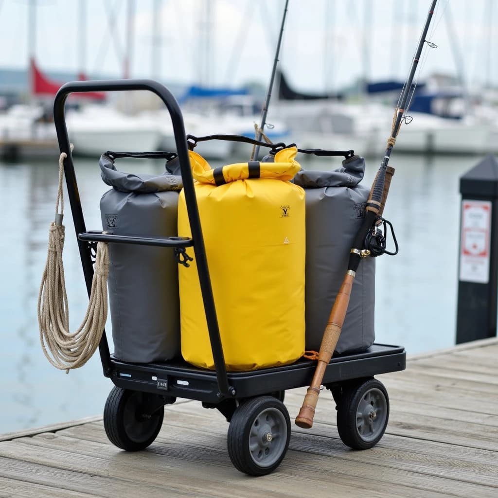 Lifestyle listing photo on a marina dock: a folding dock cart holding three dry bags, the largest yellow and the two smaller ones grey, two fishing rods leaning against the handle, and one coiled dock line hanging from the front rail. Masts blurred behind.
