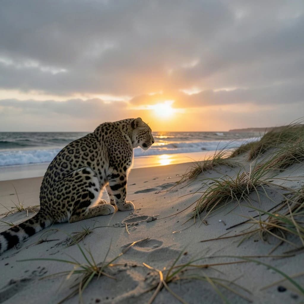 The pause when a snow leopard meets a low band of sun, on a windswept beach, under an overcast sky.