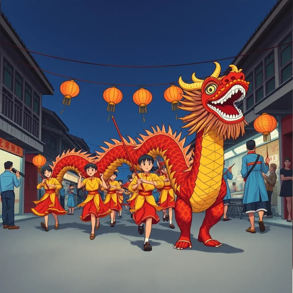 Video thumbnail in 90s anime style, hand painted cel look with visible grain: a red and gold dragon dance winding down a night market street toward the camera. Nine dancers hold the poles, the front three in yellow sashes and the back six in blue. The second dancer from the front has lost a shoe and is stumbling while the pearl bearer ahead of him spins his pole overhead. Five paper lanterns hang on a wire across the street, only the middle one unlit. Keep the sky in the upper left flat and dark for a title.