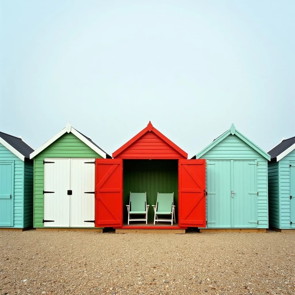 35mm film photo of seven beach huts in a row on a shingle bank. The three left huts are mint green with white doors, the middle one is red with its doors open showing two deckchairs inside, the three right huts are pale blue and shuttered.
