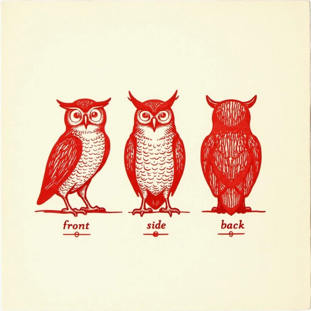 Linocut print: one bookstore owl mascot in three views. The views are captioned "front", "side" and "back" in that order. The wordmark "Hollow Crest" appears on every view with a small anchor mark beside it. The red-and-cream coloring is the same across every view, and only the angle changes.