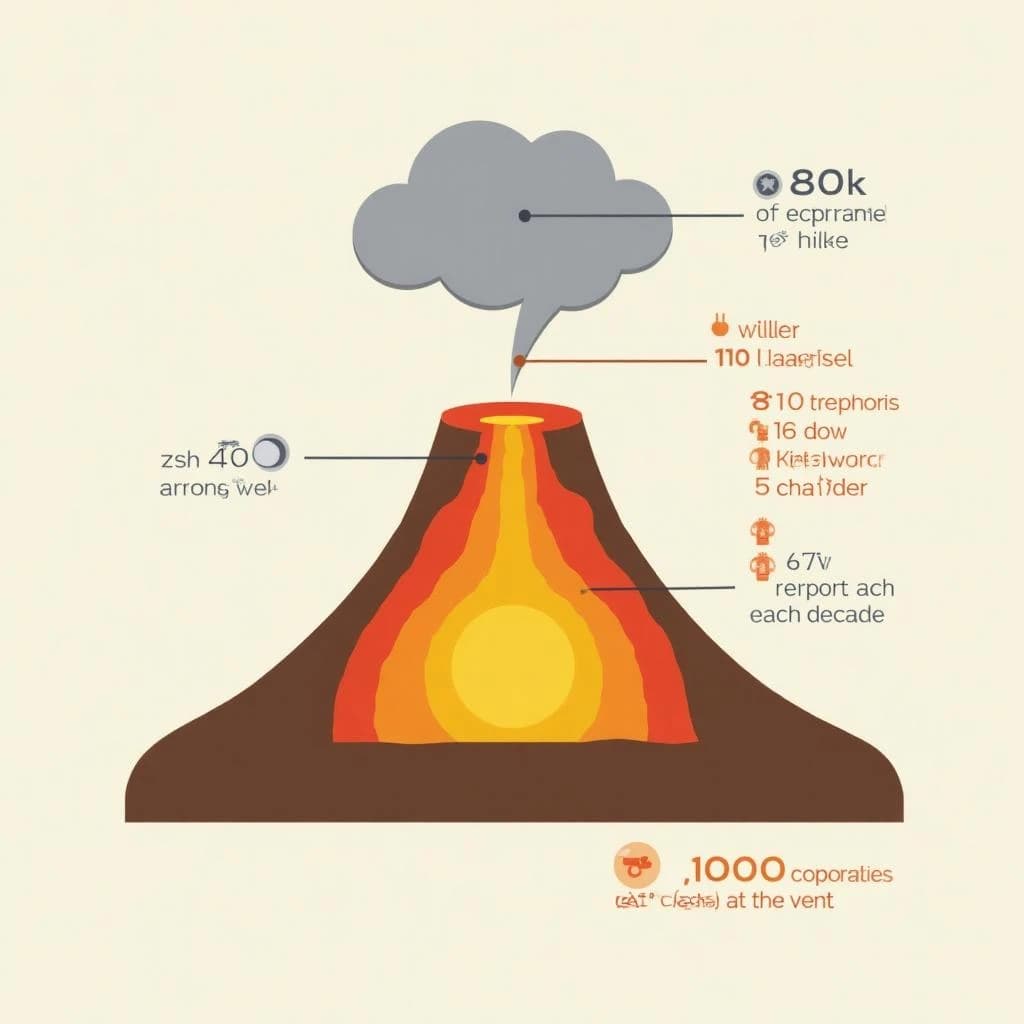 Flat vector illustration titled "The Eruption Report". A cutaway cone sits at the center, carrying three keyed regions, "Lava channel" shaded red, "Ash cloud" shaded gray and "Magma chamber" shaded orange. Three stat chips run down a right column, reading "810 tremors before the last eruption", "1 in 23 erupt each decade" and "1,000 degrees at the vent". Each key color matches the shading of the region it names.