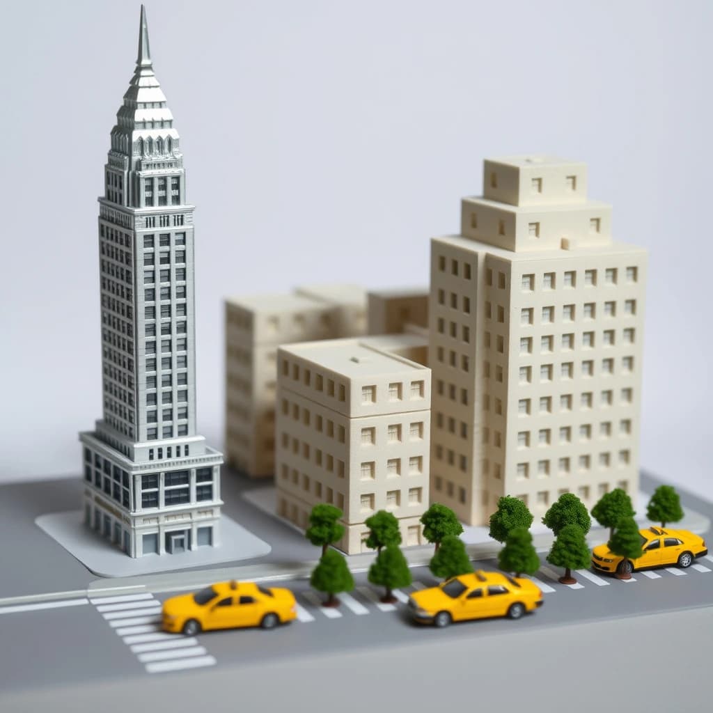 Tilt shift photograph of a hand built architectural scale model of a Midtown Manhattan block, studio lit from the upper left.
The Chrysler Building stands on the corner in polished silver card with its stepped crown and triangular windows. Directly across the street sits a proposed cream limestone tower, two floors shorter, topped by a stepped roof garden. Between them four smaller grey massing blocks in plain foam. Six tiny yellow cabs on the avenue, three stopped at the crossing and three queued behind, with a line of green model trees down the median.