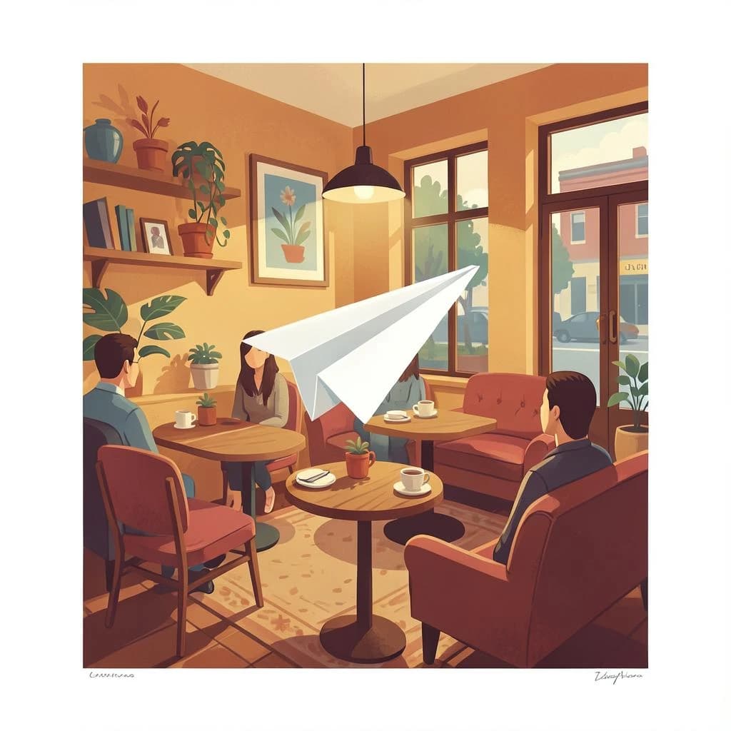 Silkscreen print of a paper airplane inside a cozy cafe, layered wash, smooth vector finish, split-complementary palette.