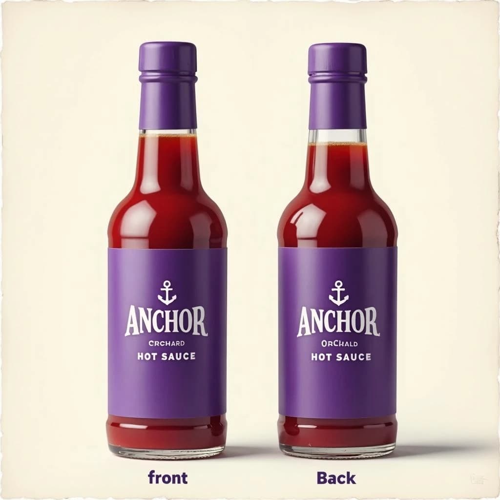 Printed poster: one hot-sauce bottle in two views. The views are captioned "front" and "back" in that order. The wordmark "Anchor Orchard" appears on every view. The purple-and-white coloring is the same across every view, and only the angle changes.