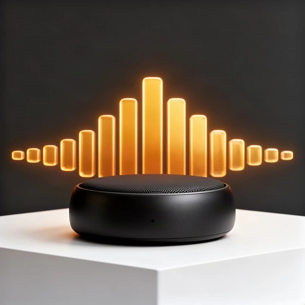 Cinematic 3D render of a matte black speaker puck on a white plinth, with a sound waveform behind it built from fourteen glowing amber bars in a gentle curve, the three tallest centred directly behind the puck and the bars shortening evenly toward both ends.