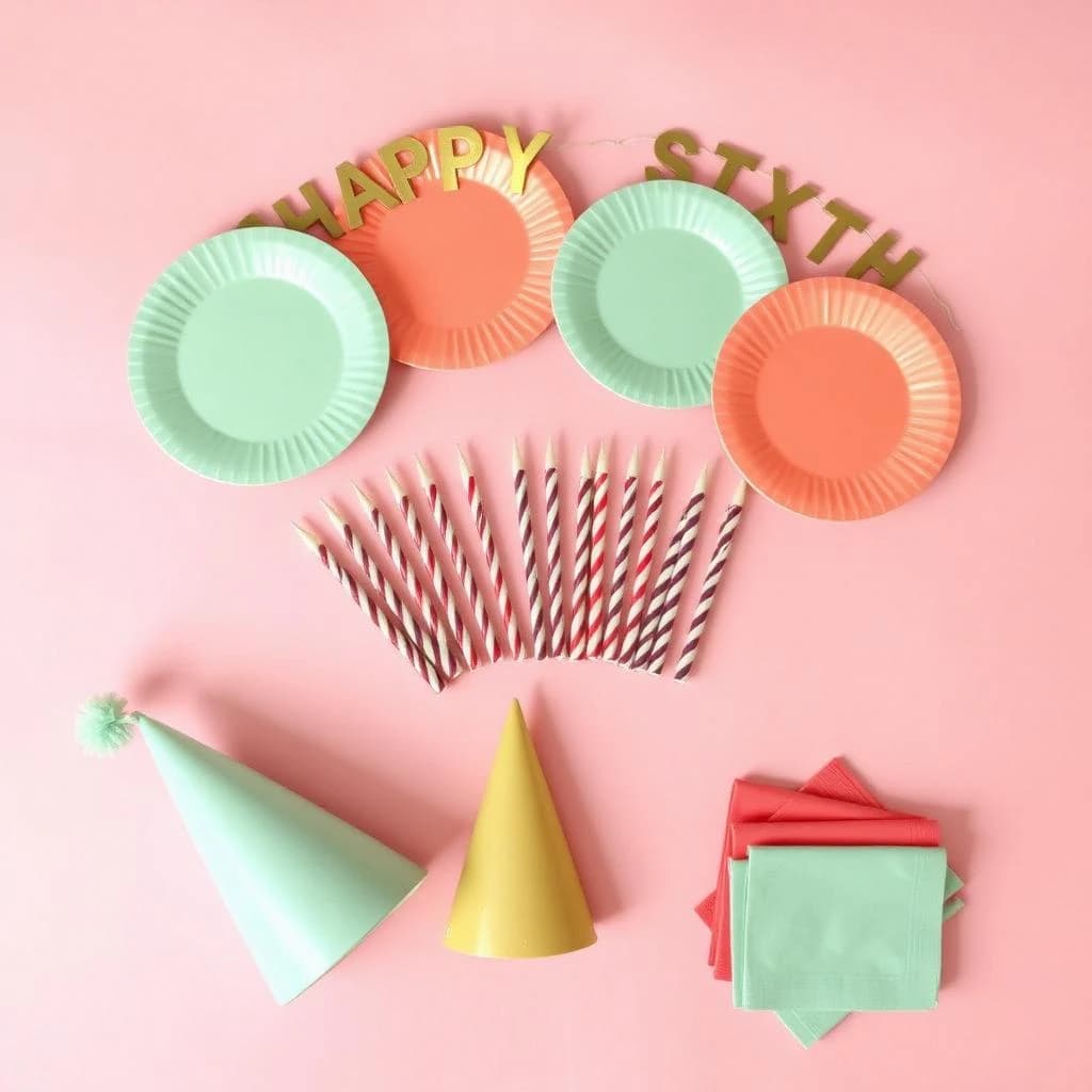 Flat lay photograph on pale pink paper, lit softly from above.
Eight paper plates fanned in an arc across the top of the frame, alternating mint and coral, four of each, mint first from the left.
Below the arc, twelve striped candles bundled under a paper band, laid diagonally.
Three cone party hats stacked at the lower left, only the middle hat trimmed with a pom pom.
At the lower right, six folded napkins in two piles of three, one pile mint and one coral.
A paper banner strung across the very top spells "HAPPY SIXTH" in gold letters, a few letters overlapping the plate arc.