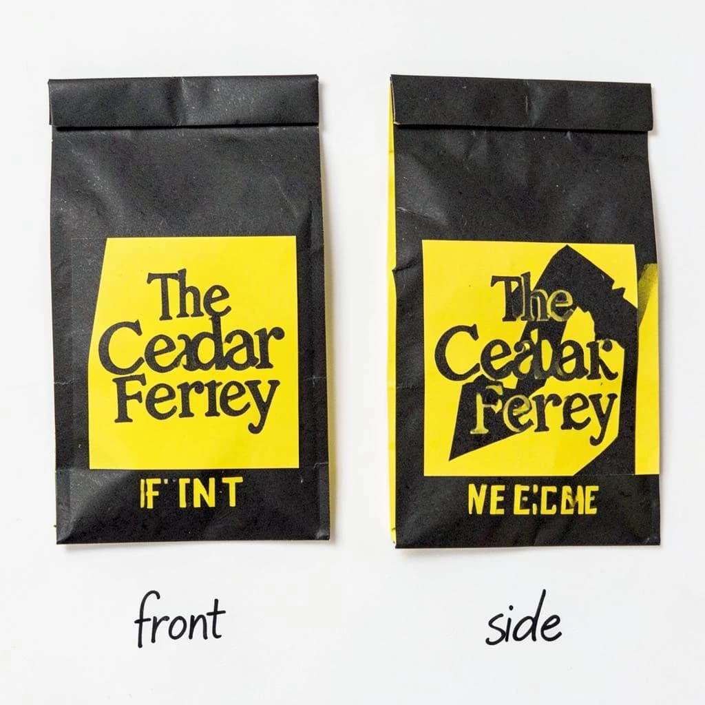 Cut-paper collage: one coffee bag in two views. The views are captioned "front" and "side" in that order. The wordmark "The Cedar Ferry" appears on every view. The black-and-yellow coloring is the same across every view, and only the angle changes.