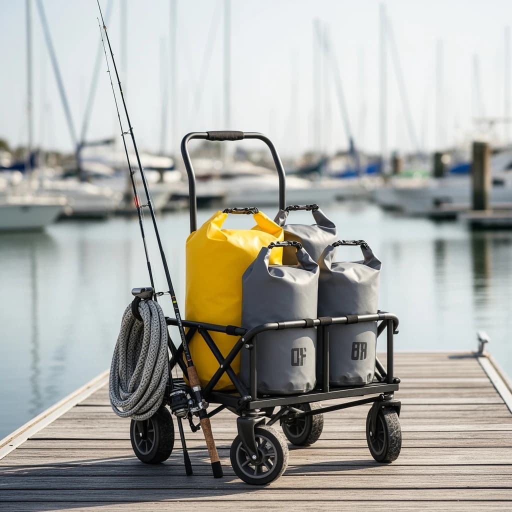 Lifestyle listing photo on a marina dock: a folding dock cart holding three dry bags, the largest yellow and the two smaller ones grey, two fishing rods leaning against the handle, and one coiled dock line hanging from the front rail. Masts blurred behind.