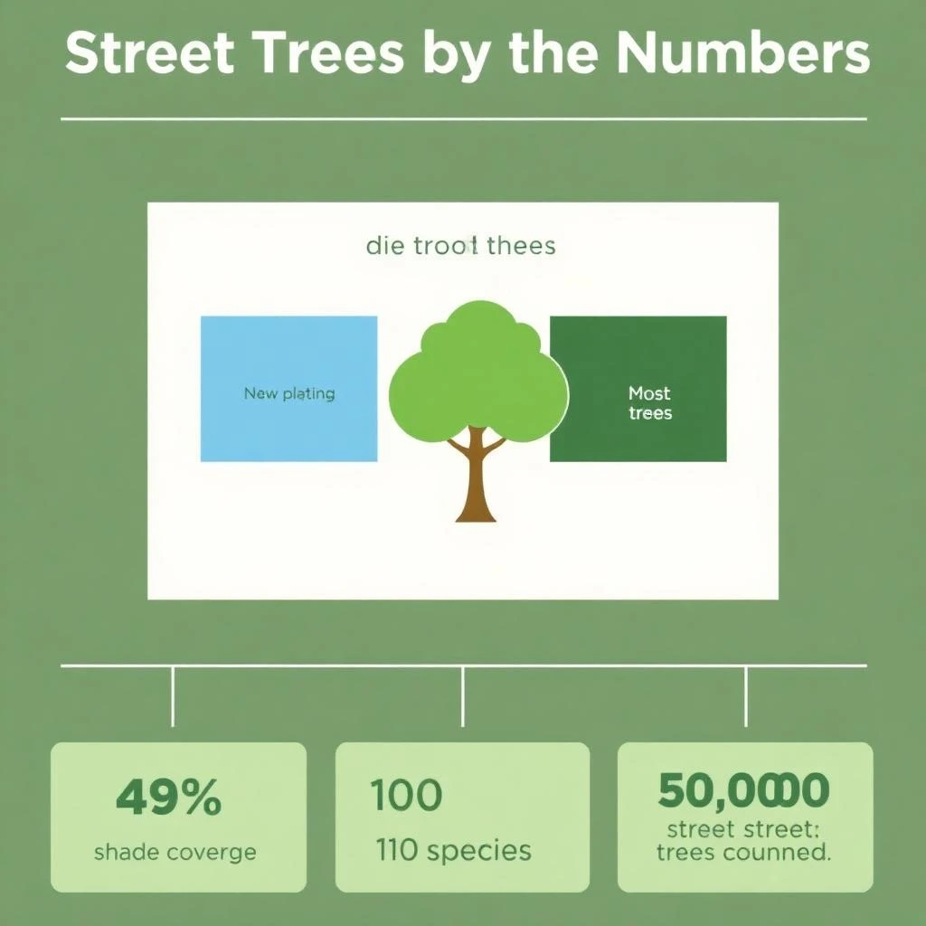 Flat infographic titled "Street Trees by the Numbers": at the center a labeled street-tree diagram, carrying two keyed regions, "New planting" shaded light blue and "Most trees" shaded dark green, beside a bottom row of three stat chips reading "44% shade coverage", "110 species in the register" and "51,000 street trees counted".