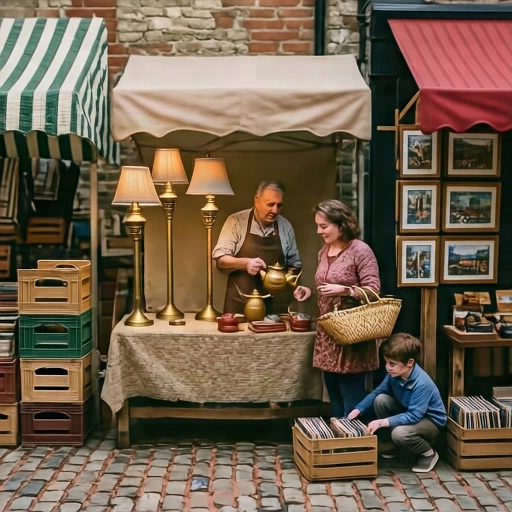 Glass tile mosaic of a Sunday flea market seen from a slightly raised angle, small square tesserae and warm terracotta grout. Three stall awnings in a row: the left one striped green and white over stacked vinyl crates, the middle plain canvas over six brass lamps with only the two tallest wearing shades, the right red awning hung with nine framed pictures in three rows of three. Under the middle awning a vendor in an apron hands a teapot across the table to a woman holding a straw basket, while a boy crouches at her feet by a crate of records. No lettering anywhere.