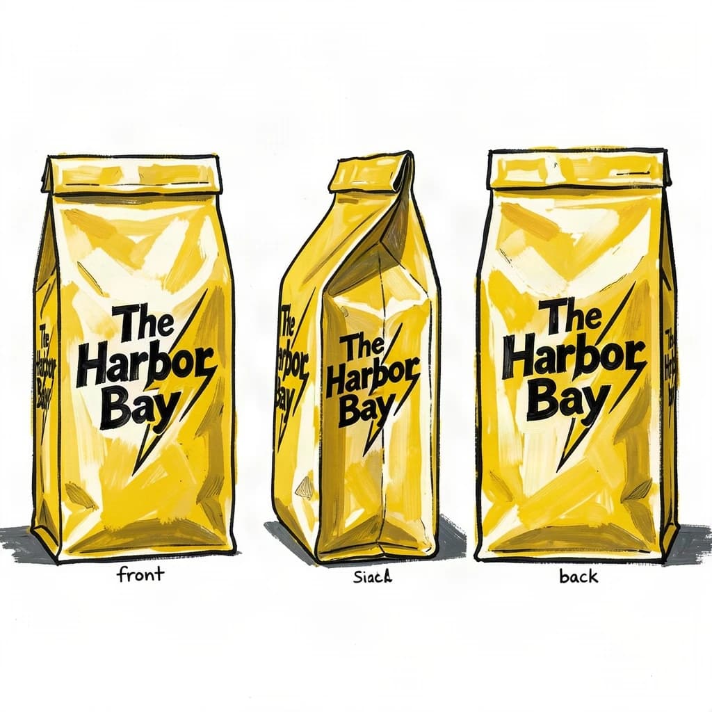 Gouache painting of the same coffee bag drawn in three views, captioned "front", "side" and "back", every view carrying the wordmark "The Harbor Bay" with a lightning-bolt symbol beside it in the same black-and-yellow coloring, only the angle changing.