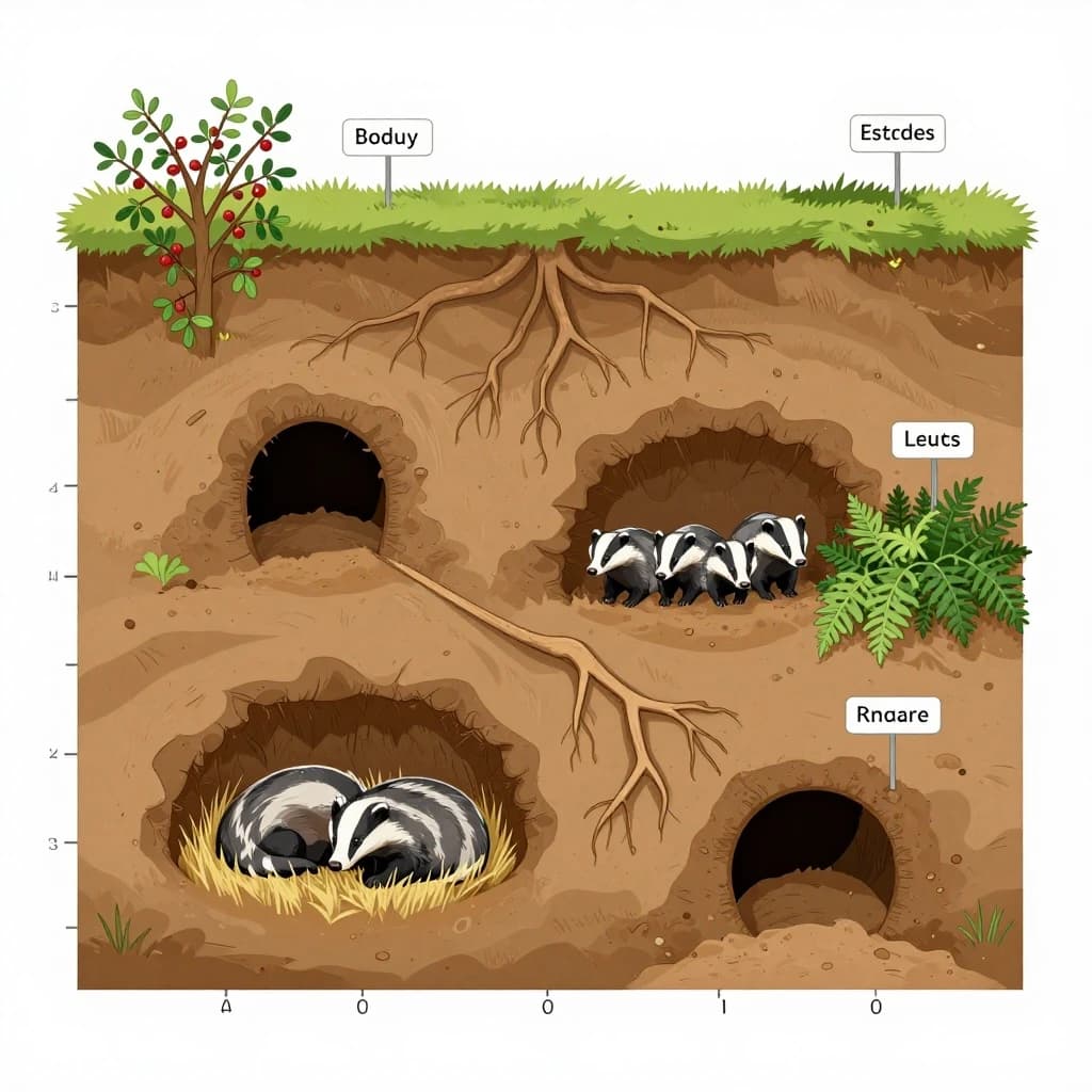 Flat vector cross-section of a badger sett cut through a hillside, soil drawn as layered ochre bands with tree roots threading through. Four chambers at different depths: the deepest lined with dry grass holding two sleeping badgers curled together, one mid level chamber standing empty, one holding three cubs, and a shallow chamber used for bedding storage. Five tunnels connect them, and two entrances break the surface, the left one under a hawthorn and the right one screened by bracken. Labels sit outside the soil profile on hairline leaders, with a depth scale in metres down the left edge.