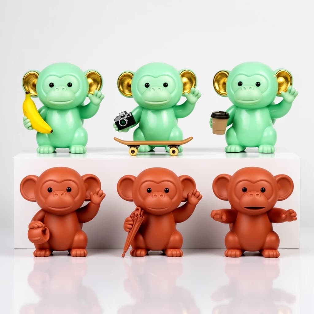 Vinyl designer toy photography: six monkey figures on a glossy white riser, arranged in two rows of three. The back row is glossy mint green, the front row matte terracotta. Each monkey holds a different thing: a banana, a tiny camera, a skateboard, a coffee cup, an umbrella, and the last one holds nothing at all with both hands raised. Only the mint monkeys have gold-painted ears. Crisp studio lighting, tight reflections on the vinyl.