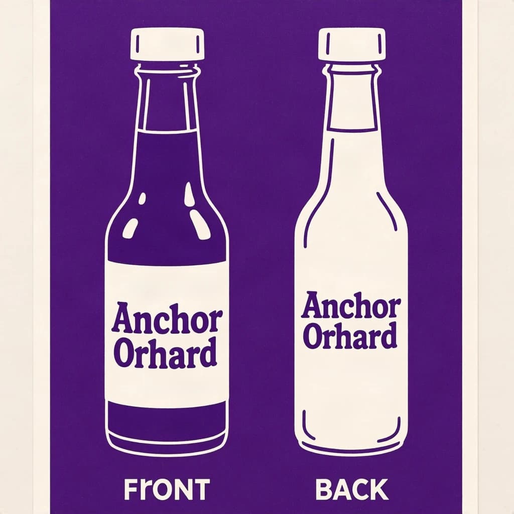 Printed poster: one hot-sauce bottle in two views. The views are captioned "front" and "back" in that order. The wordmark "Anchor Orchard" appears on every view. The purple-and-white coloring is the same across every view, and only the angle changes.