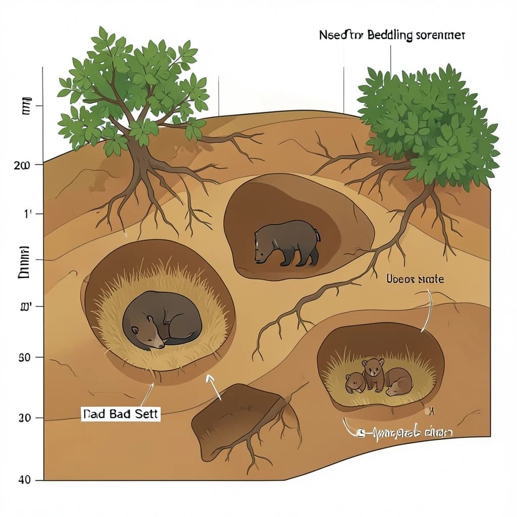 Flat vector cross-section of a badger sett cut through a hillside, soil drawn as layered ochre bands with tree roots threading through. Four chambers at different depths: the deepest lined with dry grass holding two sleeping badgers curled together, one mid level chamber standing empty, one holding three cubs, and a shallow chamber used for bedding storage. Five tunnels connect them, and two entrances break the surface, the left one under a hawthorn and the right one screened by bracken. Labels sit outside the soil profile on hairline leaders, with a depth scale in metres down the left edge.
