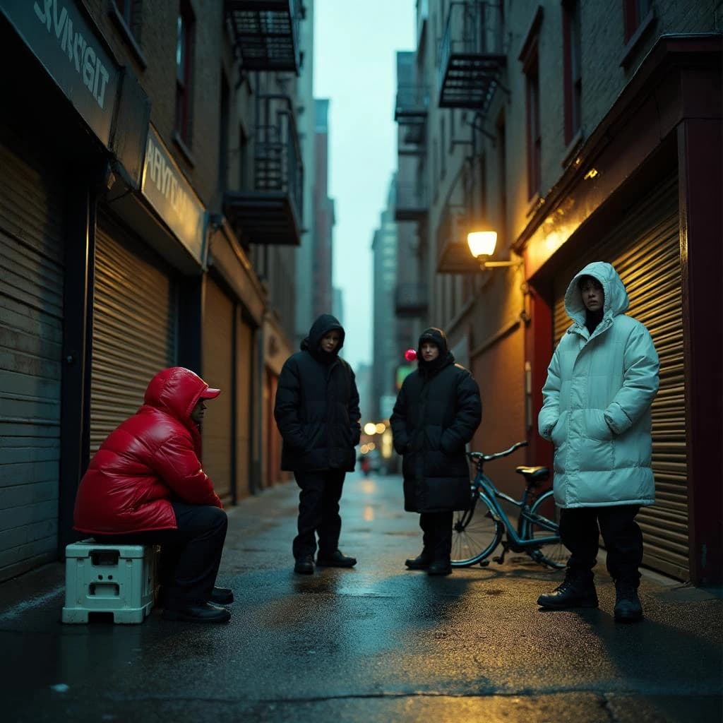 Cinematic photograph for a streetwear campaign, shot straight down a narrow rain-slick alleyway at dusk. Four models spread through the depth of the frame: the nearest crouches on a milk crate in a red puffer, two stand mid-alley in matching black coats, one leaning on a roll-up shutter and one holding a lollipop, and the farthest stands under the single working lamp in white. Three of the six fire escapes above carry laundry lines; the rest are bare. A delivery bike lies on its side between the two middle models. Blurred street traffic only at the far end.