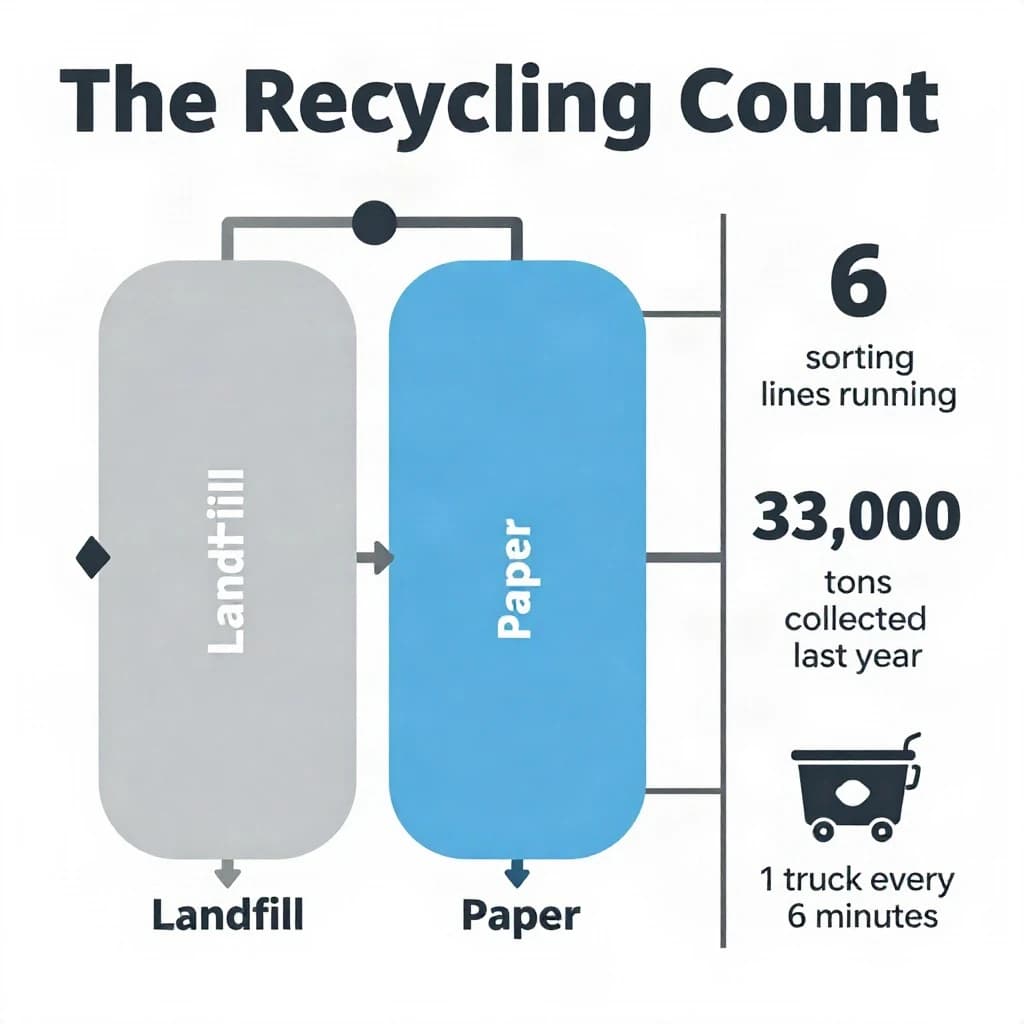 Flat infographic titled "The Recycling Count": at the center a flow chart from curb to sorting floor, carrying two keyed regions, "Landfill" shaded gray and "Paper" shaded blue, beside a right column of three stat chips reading "6 sorting lines running", "33,000 tons collected last year" and "1 truck every 6 minutes".