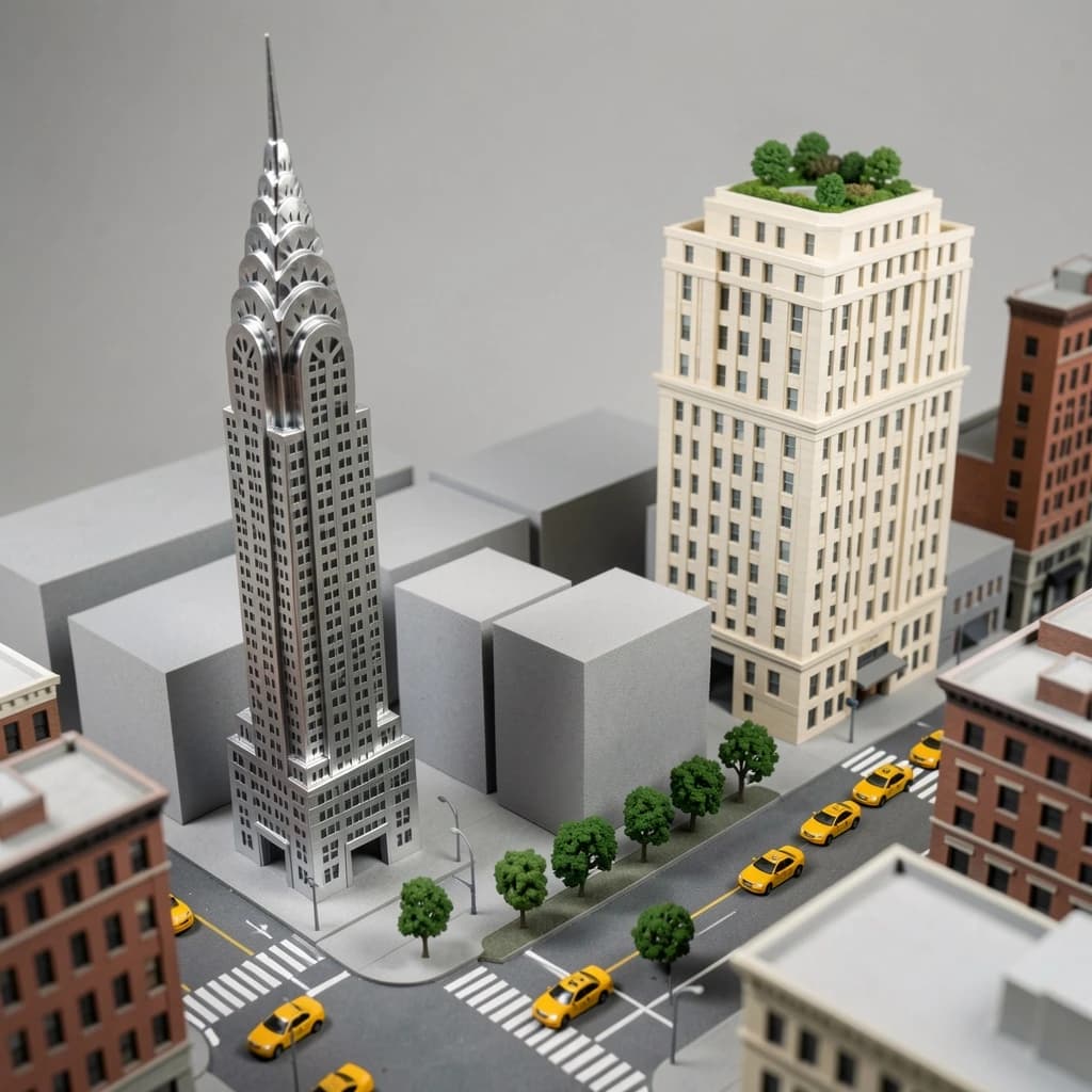 Tilt shift photograph of a hand built architectural scale model of a Midtown Manhattan block, studio lit from the upper left.
The Chrysler Building stands on the corner in polished silver card with its stepped crown and triangular windows. Directly across the street sits a proposed cream limestone tower, two floors shorter, topped by a stepped roof garden. Between them four smaller grey massing blocks in plain foam. Six tiny yellow cabs on the avenue, three stopped at the crossing and three queued behind, with a line of green model trees down the median.