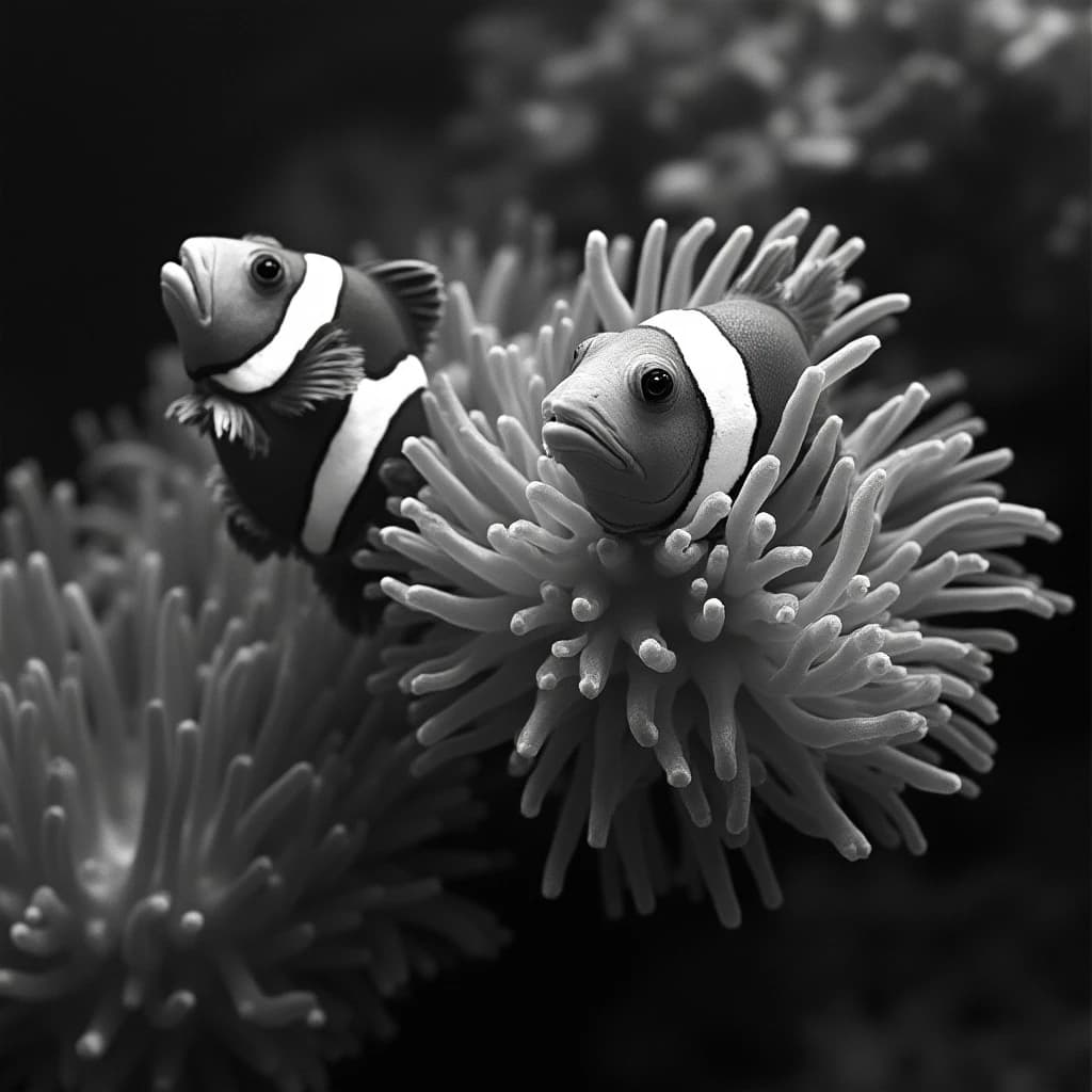 Greenling and Clown Anemone Fish in Bucharest, Romania in the style of black and white