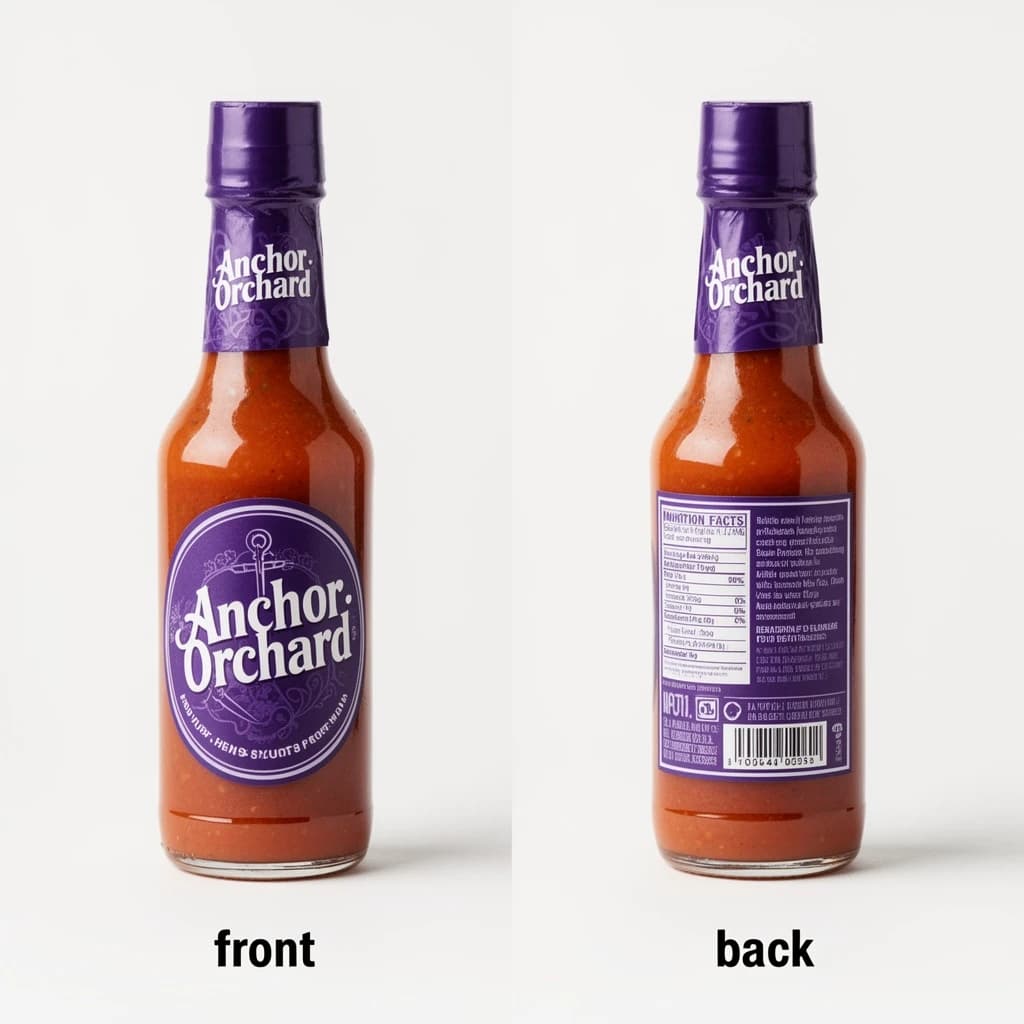 Printed poster: one hot-sauce bottle in two views. The views are captioned "front" and "back" in that order. The wordmark "Anchor Orchard" appears on every view. The purple-and-white coloring is the same across every view, and only the angle changes.